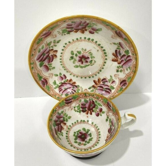 Gaudy Dutch Tea Cup & Saucer Set handpainted roses - Picture 2 of 9